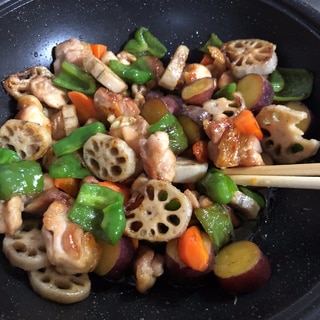 鶏肉と根菜の甘酢炒め♡